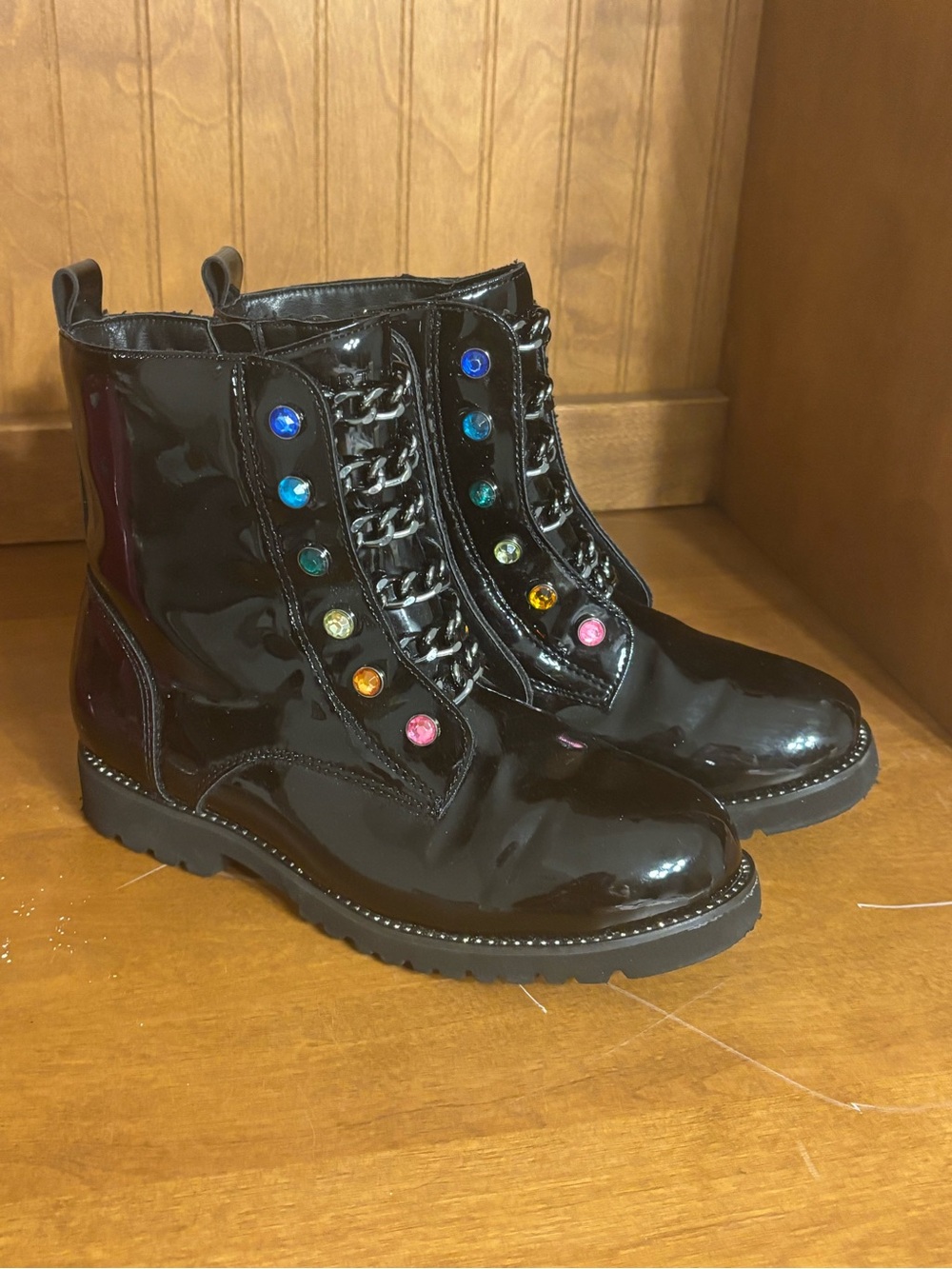 Kurt Geiger black patent leather mini‎ bag combat boots with multicolored jewels